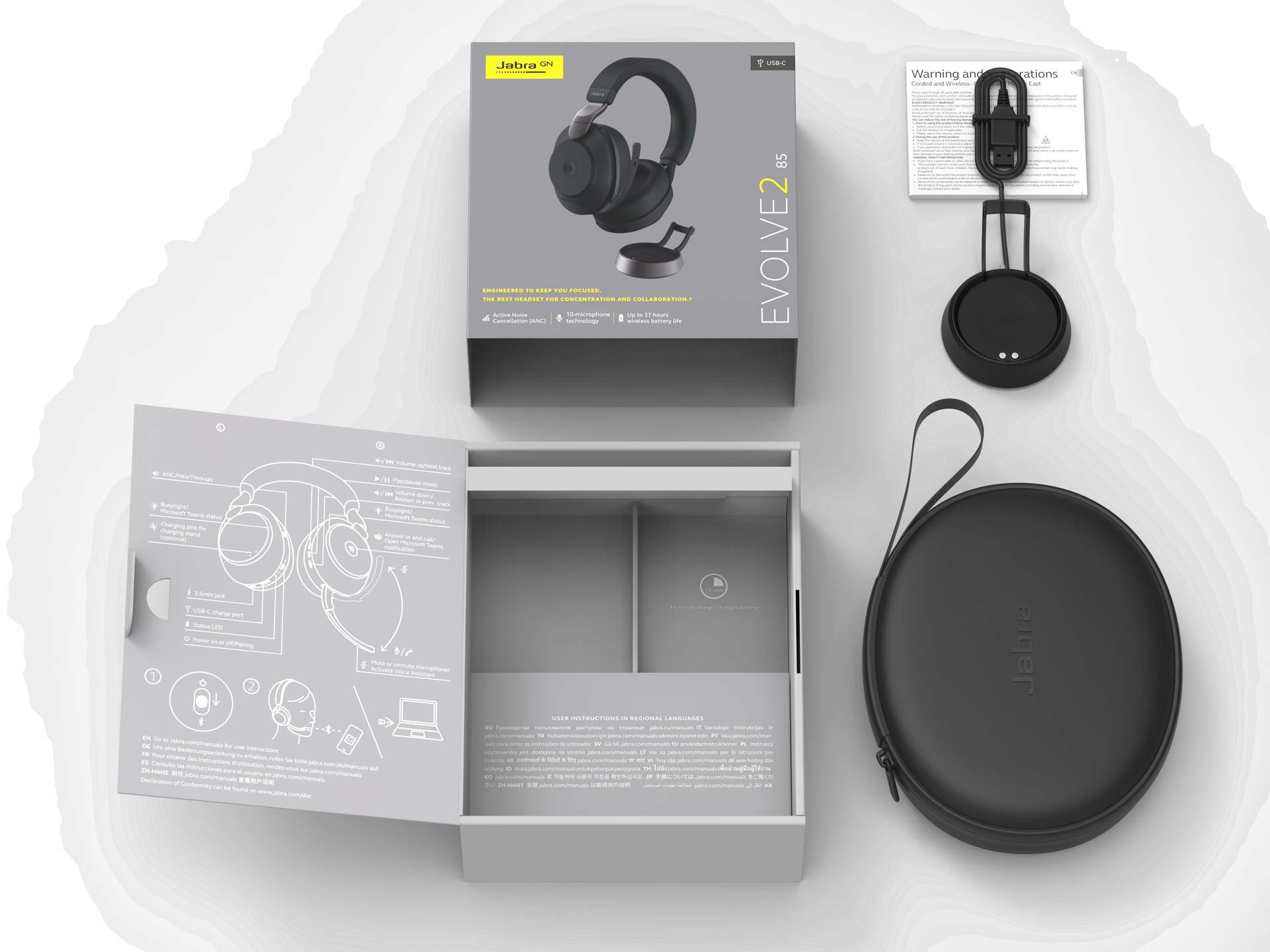 Jabra Evolve2 85 Wireless PC Headset with Noise Cancelling & Microsoft Teams Certified – Bluetooth Headphones with Charging Stand, Long Battery Life & USB-A Adapter – Black – Perfect for Home Office, Remote Work & Video Conferencing