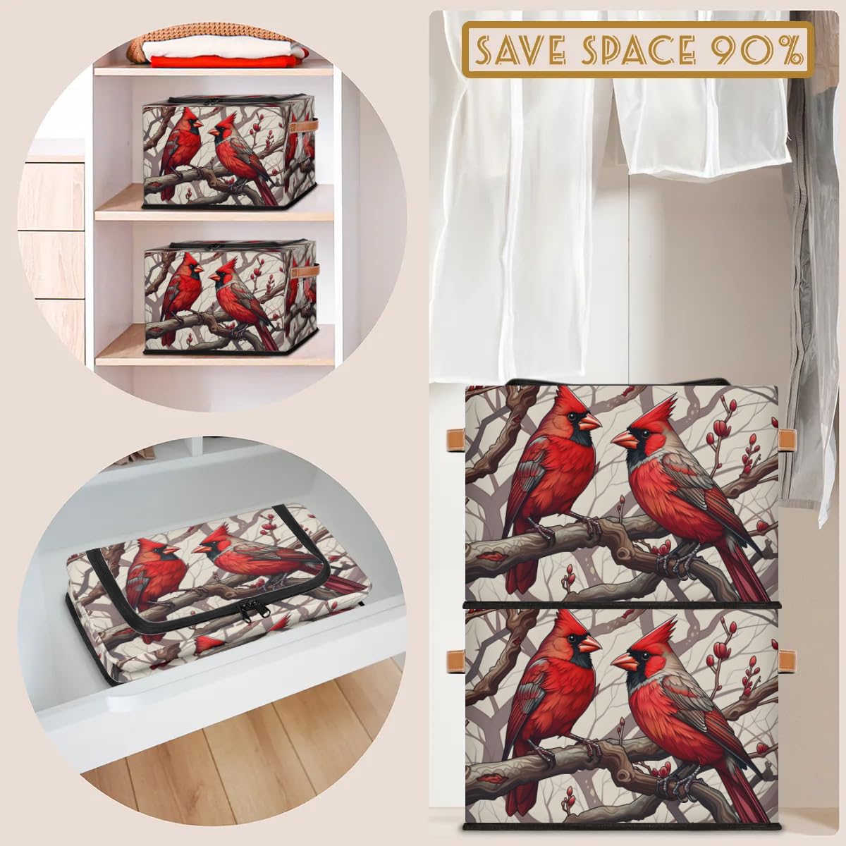 Graceful Birds Storage Bins with Zipper Lid & Handle - 14.2 x 10.2 x 10 Inch Foldable Stackable Closet Organizers - Perfect for Bedroom, Bathroom & Kids Room Storage (2-Pack)