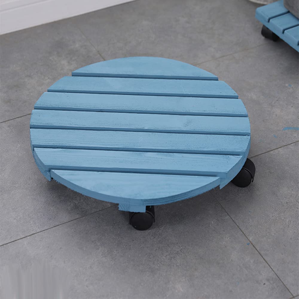 **Rolling Flower Pot Tray - 35cm Round Solid Wood Base with Universal Wheels, Blue - Perfect for Indoor/Outdoor Plant Mobility & Decoration**