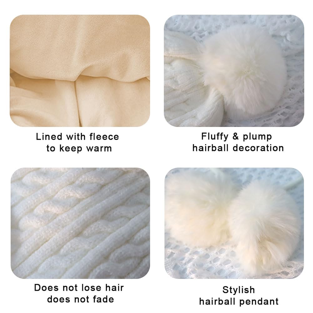 Rayson Women's Knitted Beanie with Ear Flaps & Faux Fur Pompom - Winter Warm Skull Cap with Fleece Lining for Skiing, Snowboarding & Outdoor Activities