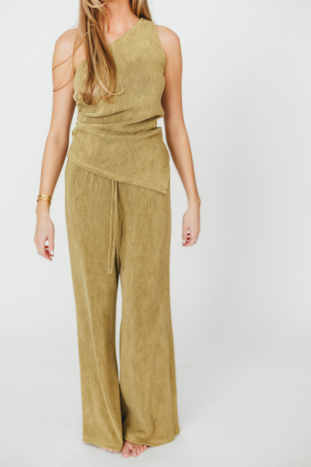 Ashley Asymmetrical One Shoulder Top and Pants Set - Olive Green Women's Fashion Outfit for Party, Date Night & Special Occasions