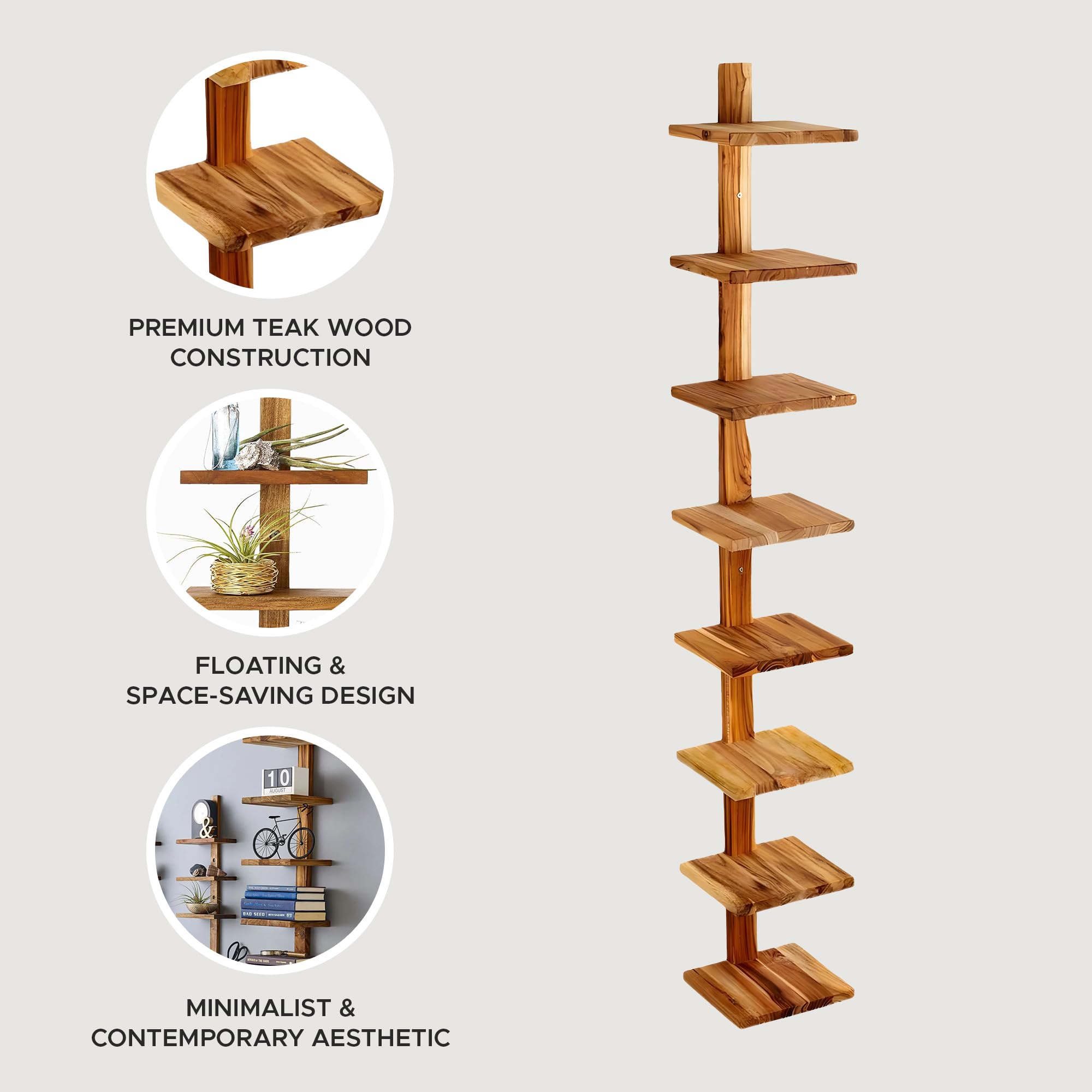 8-Shelf Floating Wall Shelves - Solid Teak Wood Column Shelving Unit for Living Room, Bedroom & Office Storage | Takara Large Wooden Wall Mount Shelves for Books, Plants & Decor