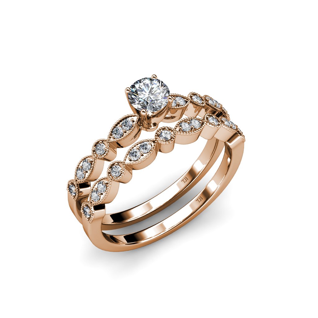 14K Gold Natural Diamond Milgrain Bridal Set Ring & Wedding Band 0.65 ctw - Perfect for Engagement, Proposal & Anniversary Gifts