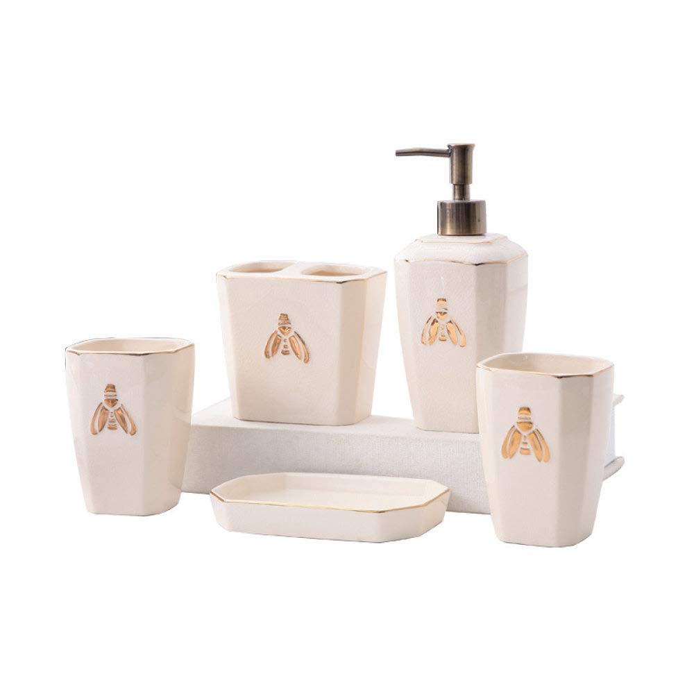 Vintage Ceramic Bathroom Accessories Set - 5 Piece Golden Bee Beige Soap Dispenser, 2 Tumblers, Soap Dish & Toothbrush Holder for Home, Hotel, Vanity Countertop Decor | Perfect for Farmhouse, Boho & Luxury Bathroom Themes
