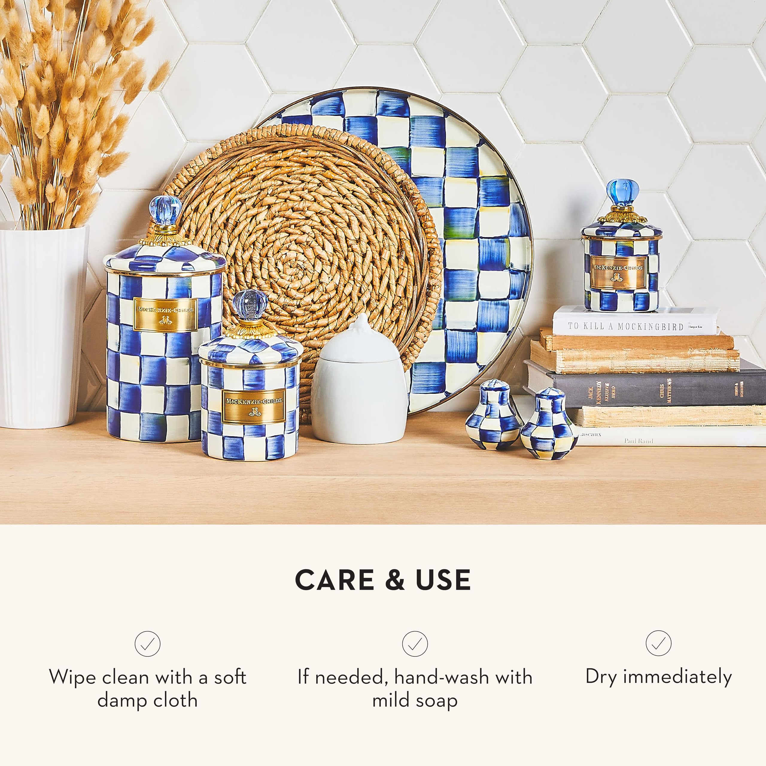 Mackenzie-Childs Small Enamel Canister - 1.13L Kitchen Storage Container for Flour, Sugar, Coffee & Dry Goods - Blue & White Royal Check Design - Perfect for Pantry Organization & Country Style Kitchen Decor