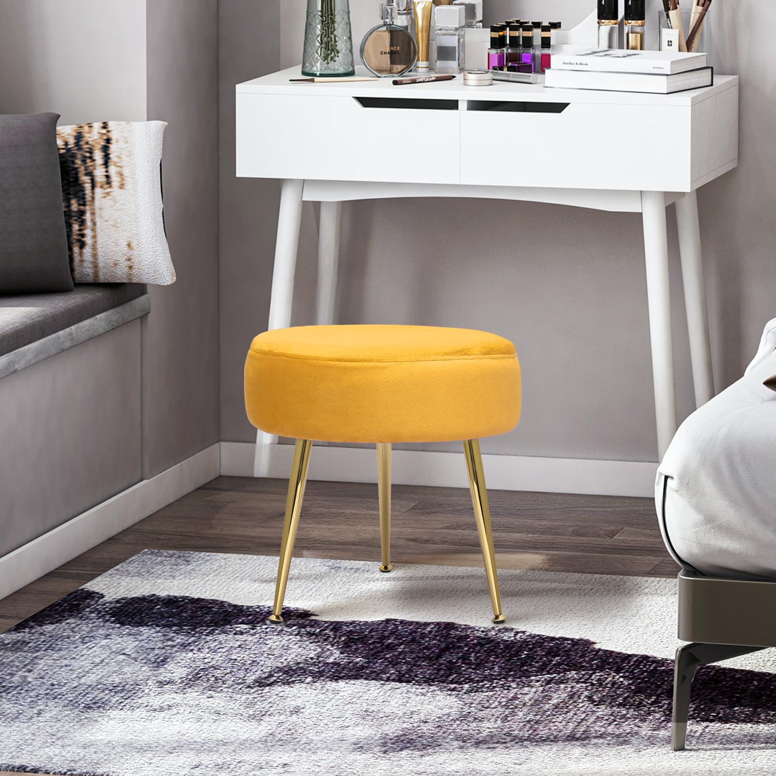 Magshion Velvet Vanity Stool - Round Ottoman Makeup Chair with Sturdy Metal Legs, Small Footstool for Dressing Room, Bedroom & Living Room Decor in Yellow | Perfect for Makeup Vanity, Reading Nook & Cozy Seating