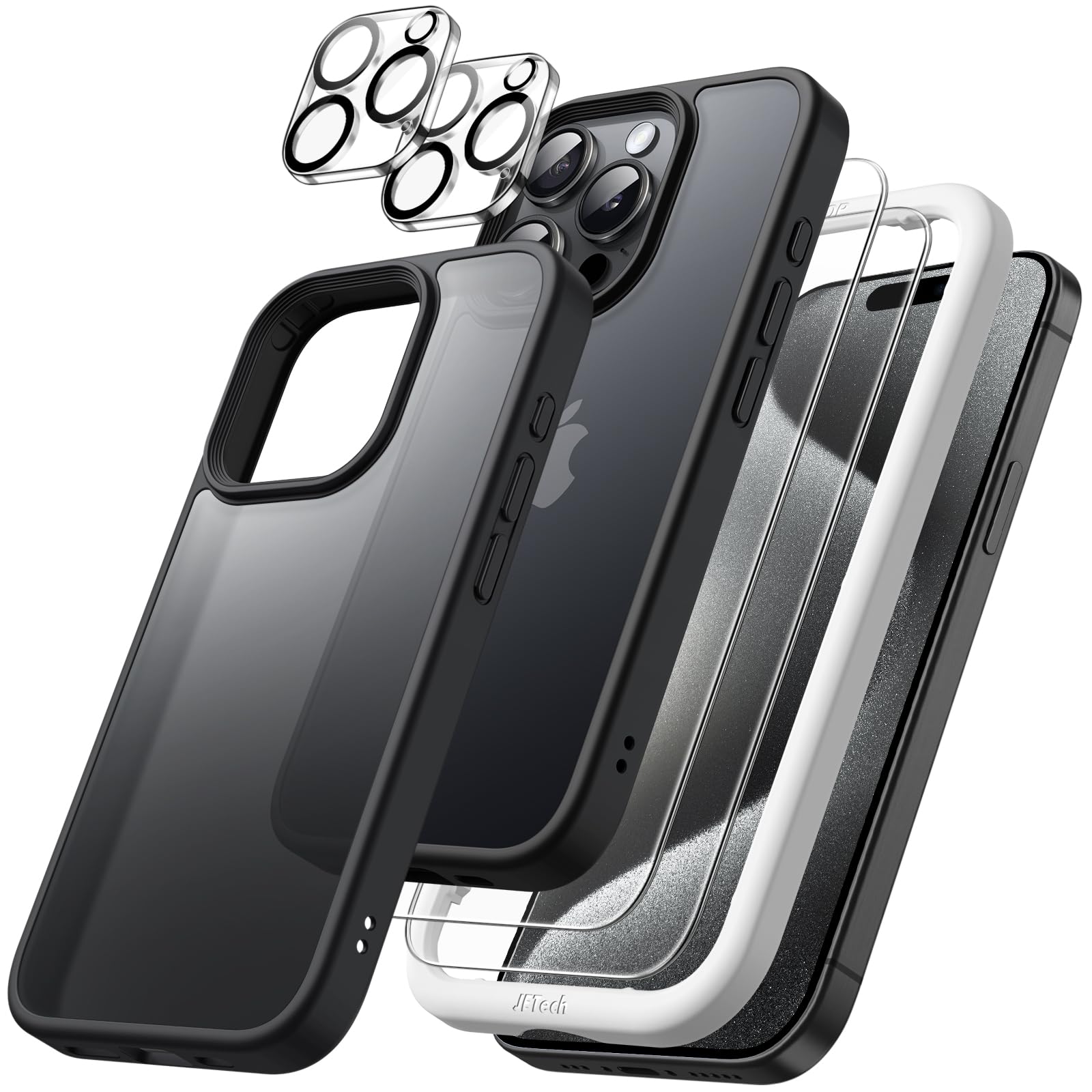 JETech 5 in 1 Matte Case for iPhone 15 Pro 6.1-Inch - Shockproof Translucent Back Cover with 2-Pack Tempered Glass Screen Protector & Camera Lens Protector | Slim Protective Phone Case for Everyday Use, Work & Travel (Black)