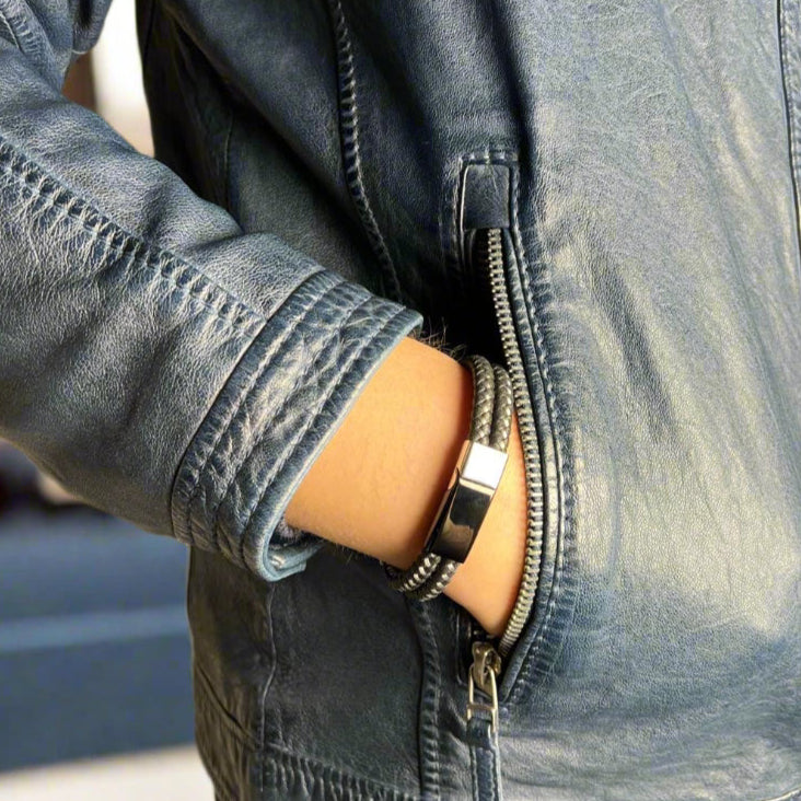 Men's Black Leather & Stainless Steel Wire Braided Bracelet - Stylish & Durable Fashion Accessory for Casual & Formal Wear