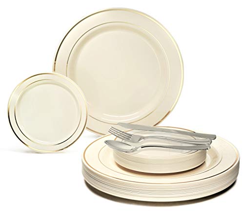 A3. Ivory & Gold Rim Plates, Silver Silverware