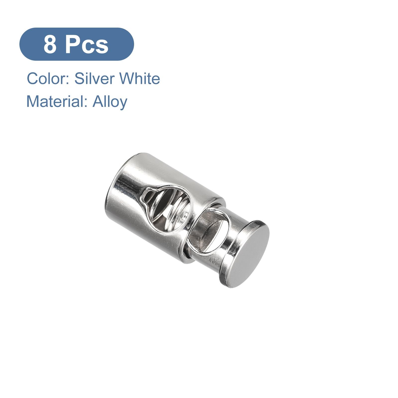 Metal Cord Locks 8Pcs - 4.2mm Spring Toggle Stoppers for Backpacks, Drawstrings & Lanyards - Silver White