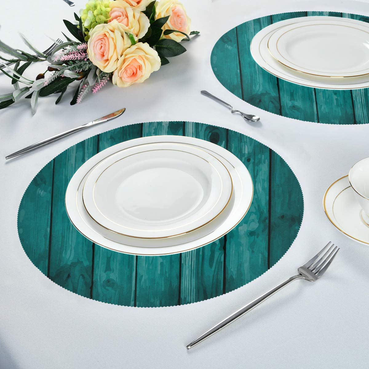 Bolaz Teal Round Placemats Set of 4 - Heat Resistant Kitchen Dining Table Mats - 15 Inch Gray Green Placemats for Dinner Parties, Holiday Decor & Everyday Use