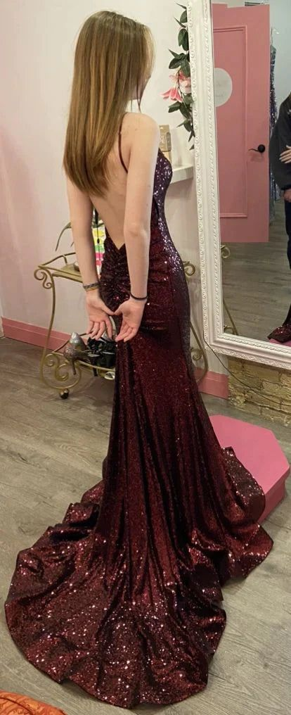 Mermaid Burgundy Sequin Prom Dress for Women - Elegant Evening Gown for Homecoming, 22nd Birthday Party, Quinceañera & Special Occasions | Style J4669