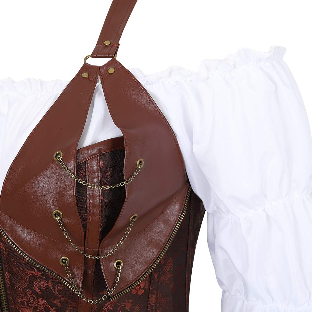 Steampunk Leather Corset Bustier & Skirt 3-Piece Outfit for Women - Victorian Gothic Costume, Cosplay, Burlesque & Halloween Party Attire