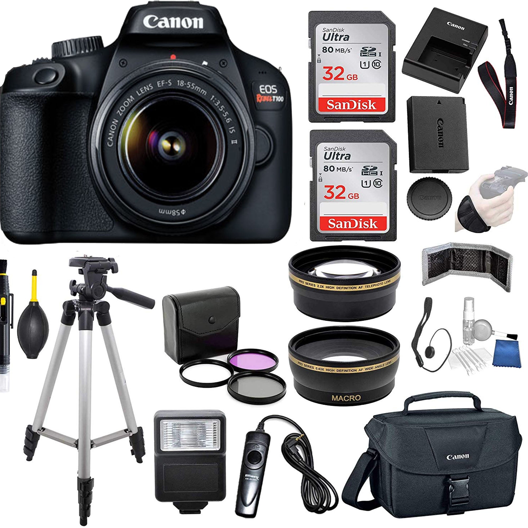 Canon EOS T100/4000D DSLR Camera with EF-S 18-55mm f/3.5-5.6 IS II Lens Kit - Professional Bundle Includes SanDisk 32GB Memory Card, Tripod, Canon Camera Bag & Accessories - Perfect for Travel Photography, Vlogging & Beginner Photographers