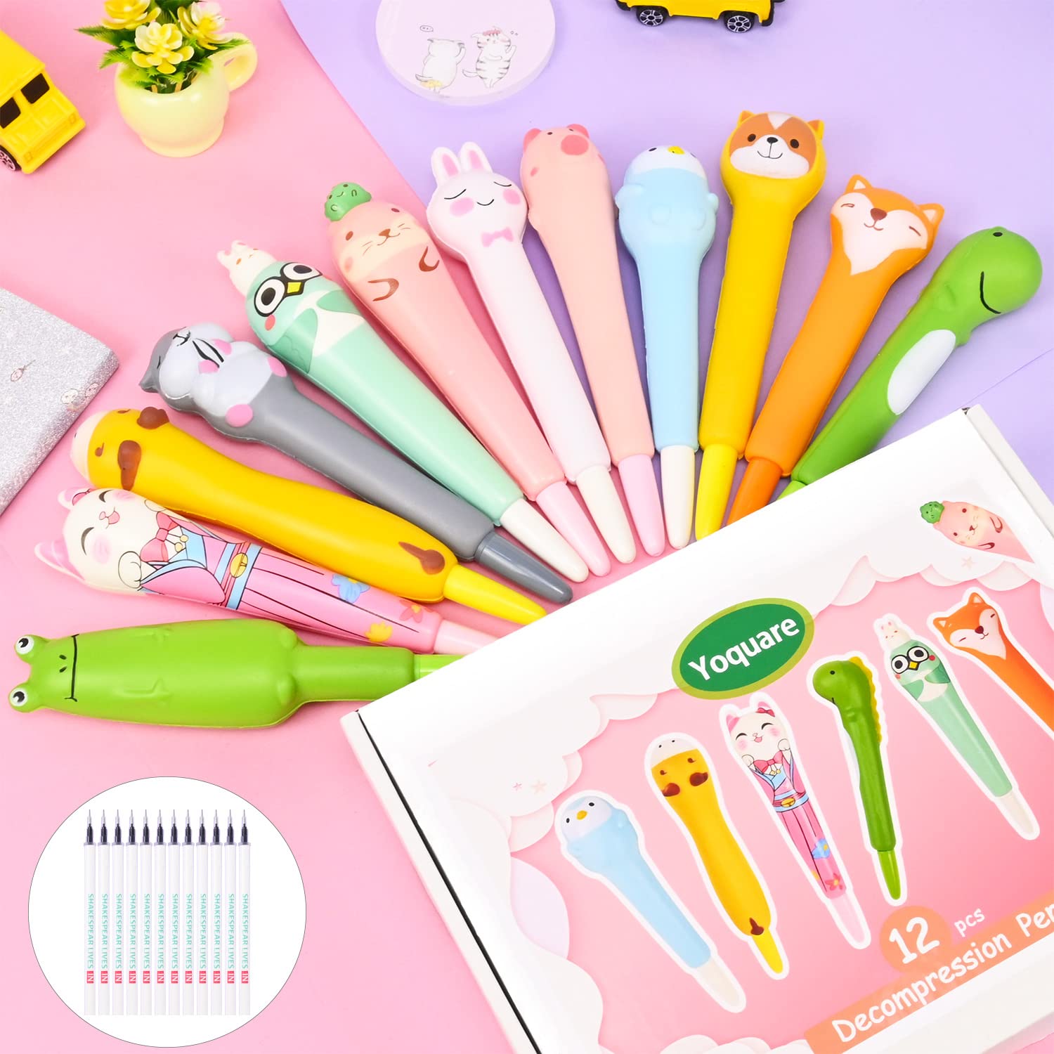 12 Pack Cute Animal Gel Pens - 0.5mm Fine Tip Squishy Kawaii Pens with 24 Refills - Fun Writing Supplies for Kids, Students & Office Use - Perfect for Journaling, Note Taking & Gift Giving
