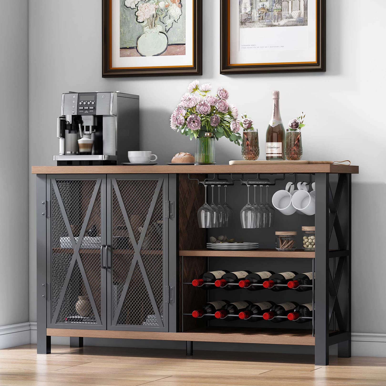 JOSMORE Industrial Freestanding Wine Bar Cabinet with Glass Holder & Mesh Door - Rustic Brown Liquor Storage Cabinet for Home, Kitchen, Dining Room | Perfect for Entertaining, Wine Display & Modern Home Decor