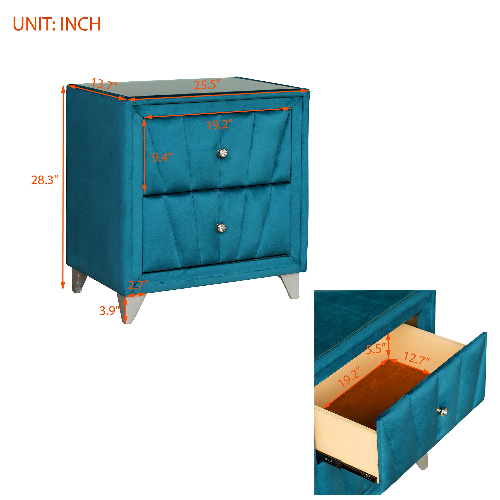 Luxury Upholstered Wooden Nightstand with 2 Drawers - Velvet Fabric & Glass Top End Table for Bedroom, Living Room, Hallway - Blue & Glass Design | Perfect for Bedside Storage, Home Decor & Small Space Organization