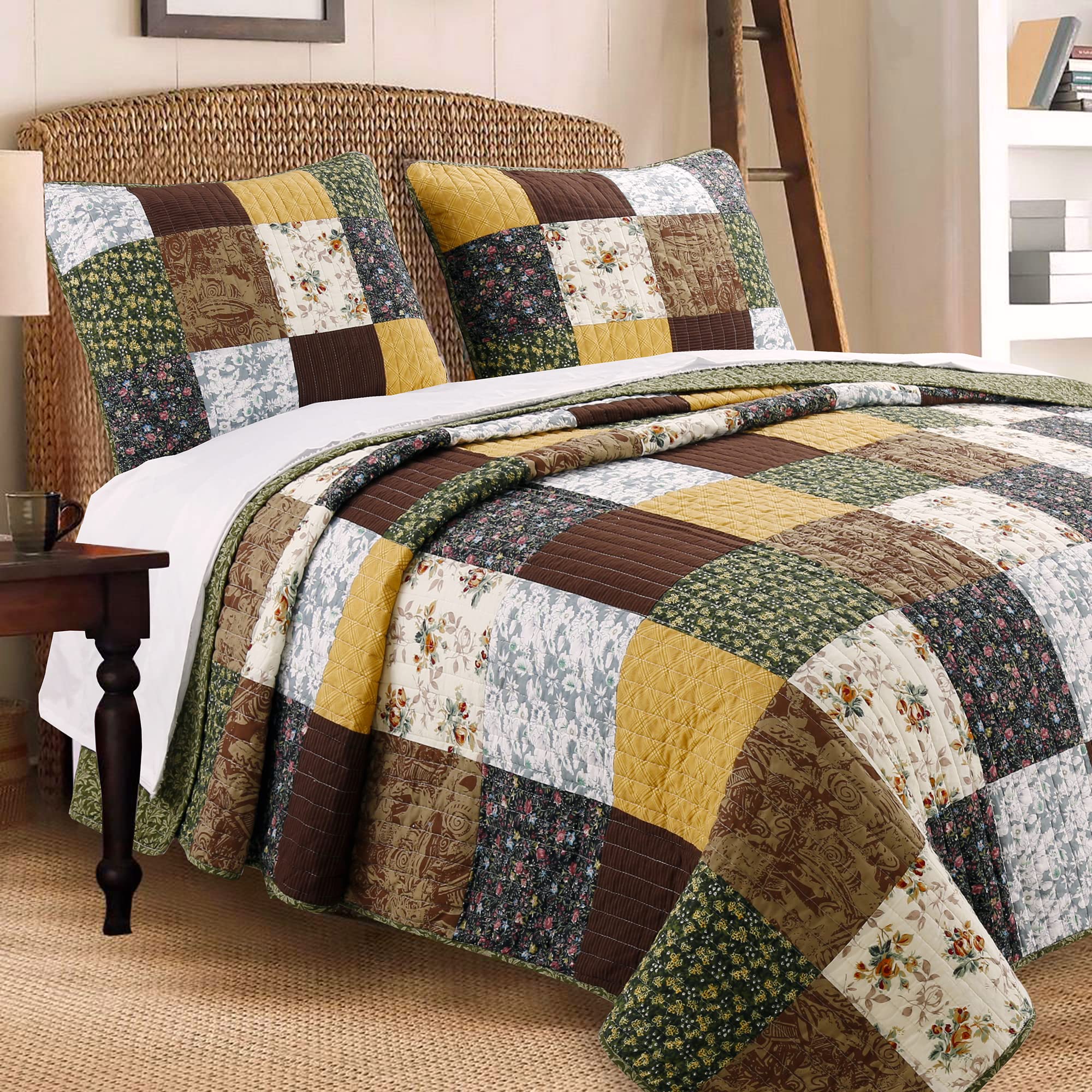 Vintage Farmhouse Floral Patchwork 3-Piece Reversible King Quilt Set - Warm Rich Brown, Olive & Mustard Yellow Cotton Bedding for Cozy Farmhouse or Rustic Home Decor | Perfect for Master Bedroom, Guest Room & Seasonal Home Styling