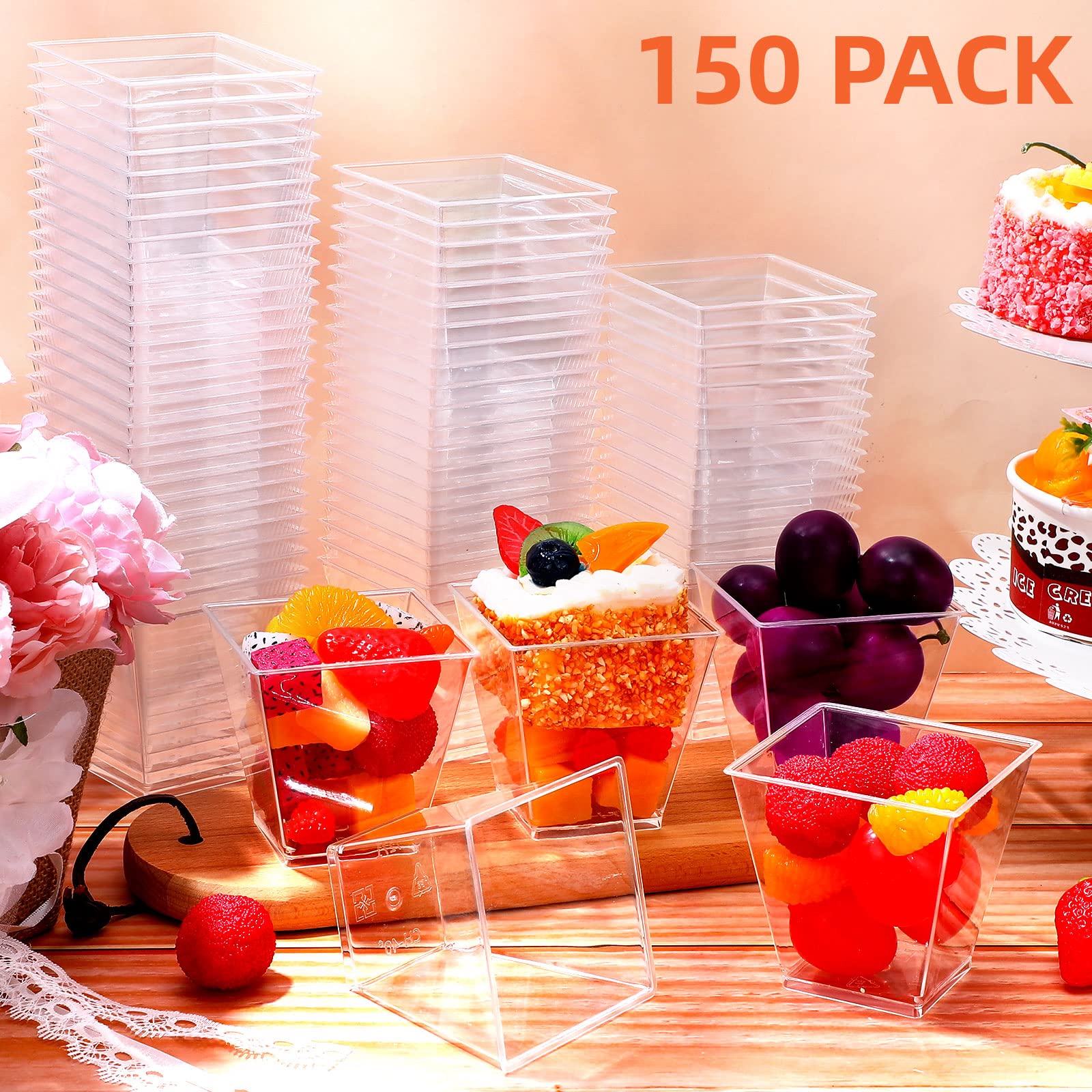 Zubebe 8 oz Clear Plastic Dessert Cups - Small Square Appetizer Bowls for Parties, Baby Showers & Weddings (150 Pack) | Perfect for Tasting Events, Birthday Favors & Catering Displays