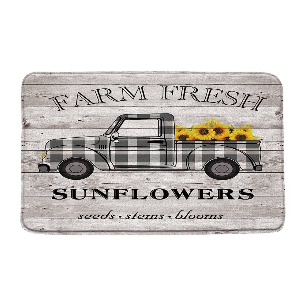 Farmhouse Truck Bath Mat - Rustic Black and White Buffalo Check Plaid on Wooden Board with Sunflower Design, Vintage Western Style Absorbent Doormat for Bathroom, Bedroom, Kitchen & Toilet - Perfect for Farmhouse, Cottage & Rustic Home Decor