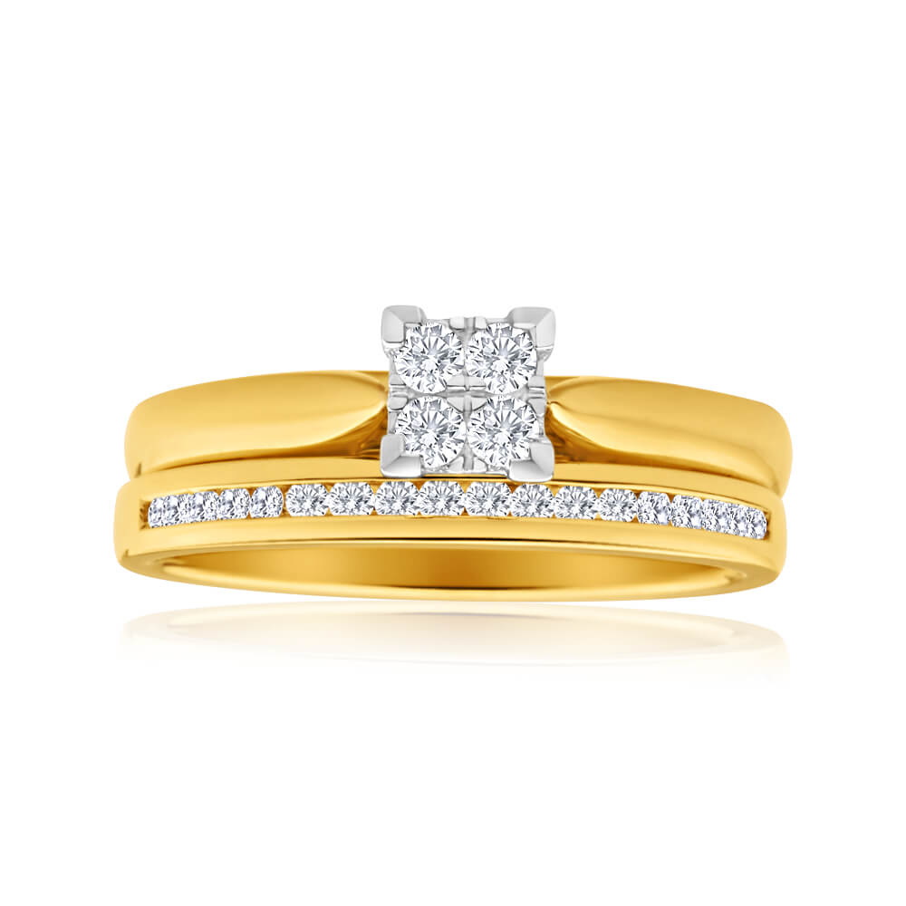 9ct Yellow Gold 2 Ring Bridal Set With 22 Diamonds Totaling 0.25 Carats - Elegant Wedding Band & Engagement Ring Set for Women - Perfect for Proposals, Anniversaries & Special Occasions