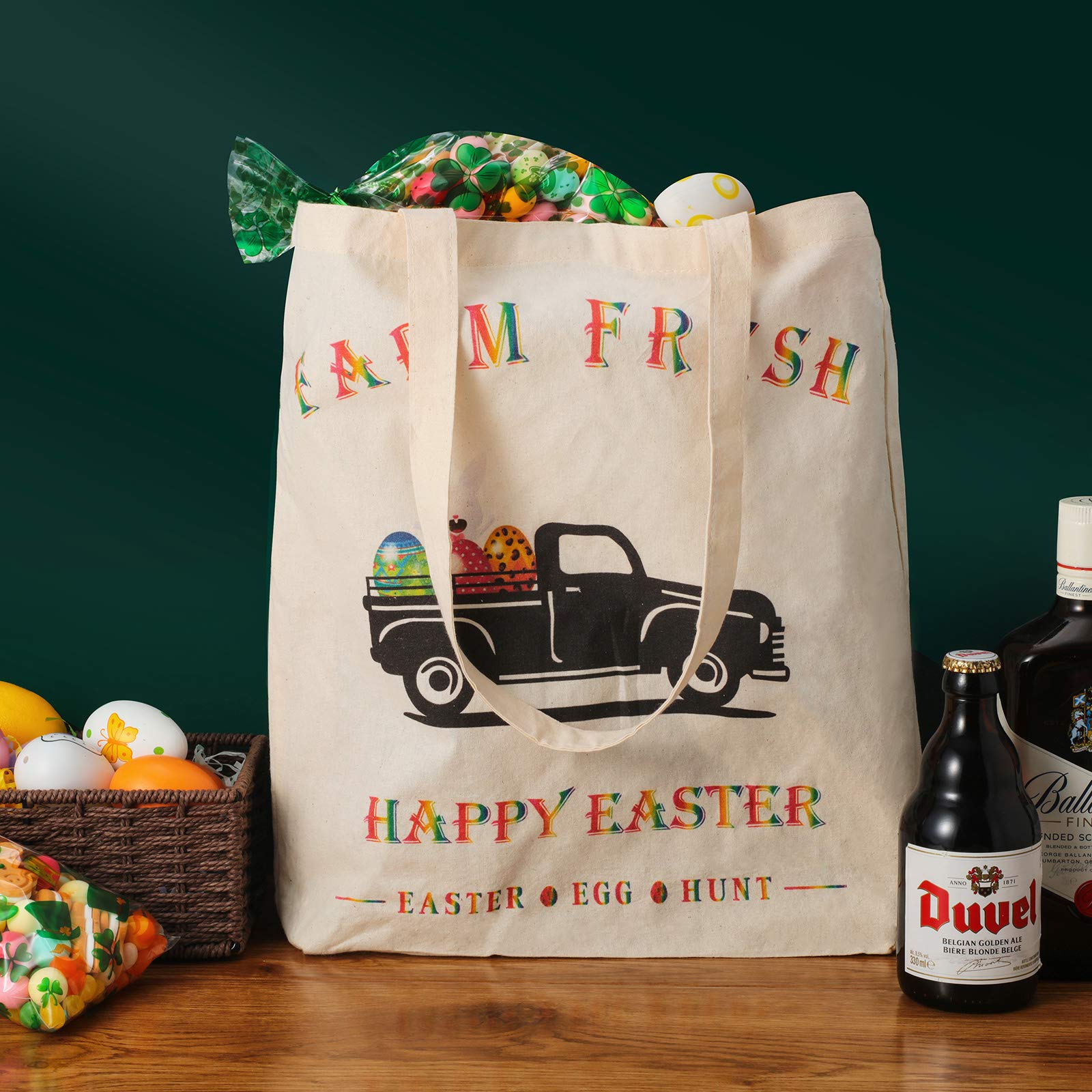 WeeWooday 2-Pack Easter Bunny Egg Tote Bags - Reusable Canvas Shoulder Bags for Easter Party, Grocery Shopping & Egg Hunt - Eco-Friendly Market Tote & Handbag for Women & Kids