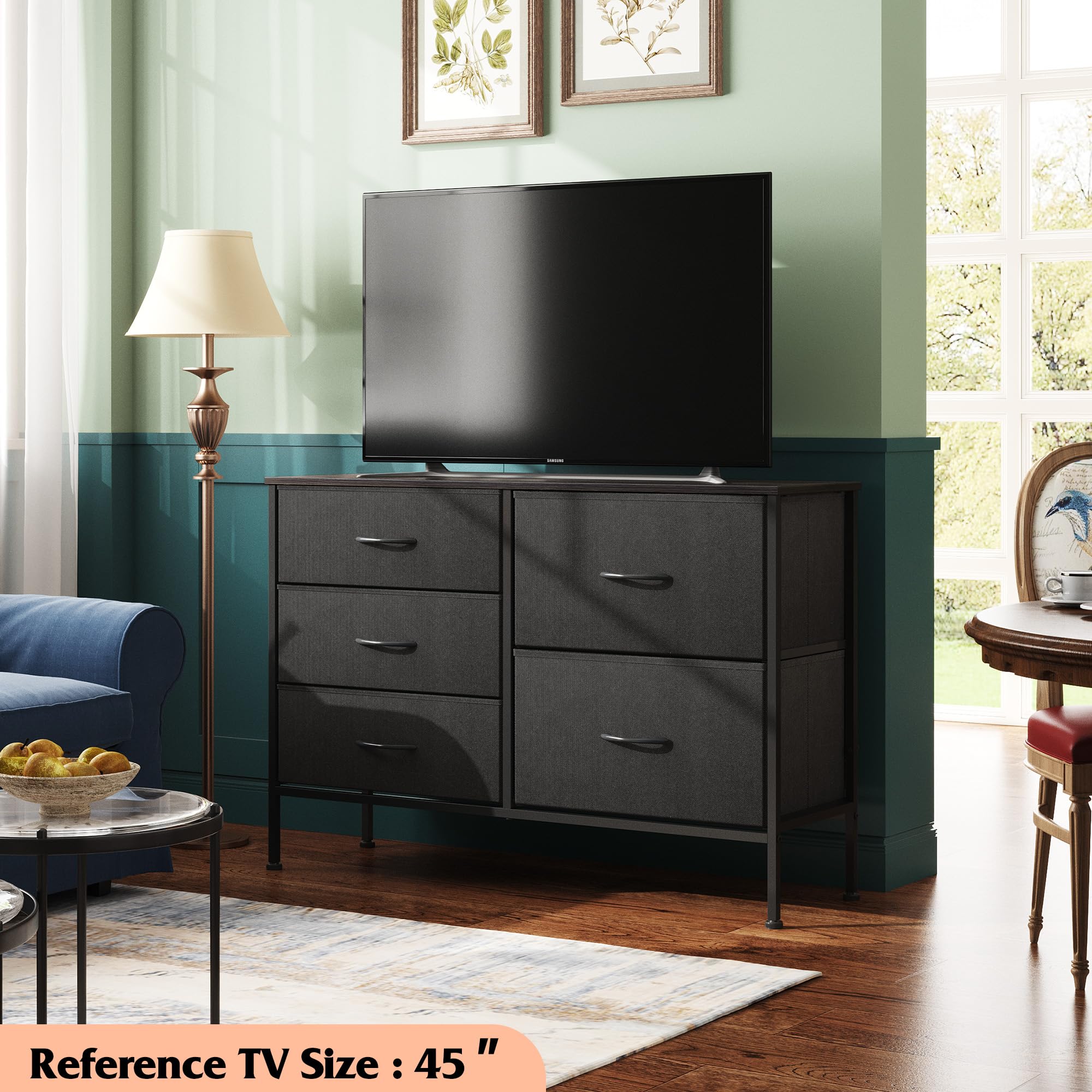 5-Drawer Fabric Dresser for Bedroom & Living Room - Wide Storage Chest with Drawer Organizers, Charcoal Black - Perfect for Closet, Hallway & Small Space Organization