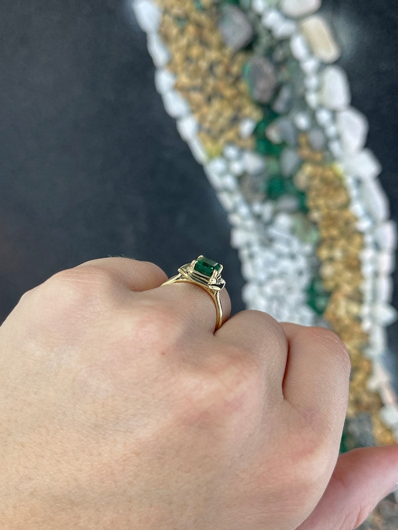 2.77ct 18K Natural Emerald Cut Mossy Green Solitaire Engagement Ring in Yellow Gold - Four Prong Half Bezel Setting for Wedding, Proposal & Anniversary Gifts