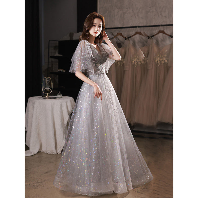 Elegant Gray Sparkly Long Prom Dress with Mid Sleeves - Perfect for Evening Gala, Homecoming Dance & Formal Events