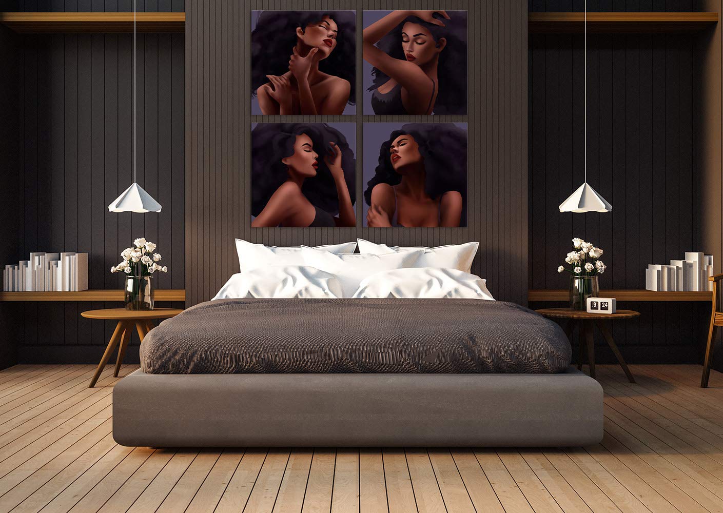 AMEMNY 4-Panel African American Women Abstract Wall Art - Canvas Graffiti Style Painting for Living Room, Bedroom & Bathroom - Stretched & Framed Ready to Hang - 25