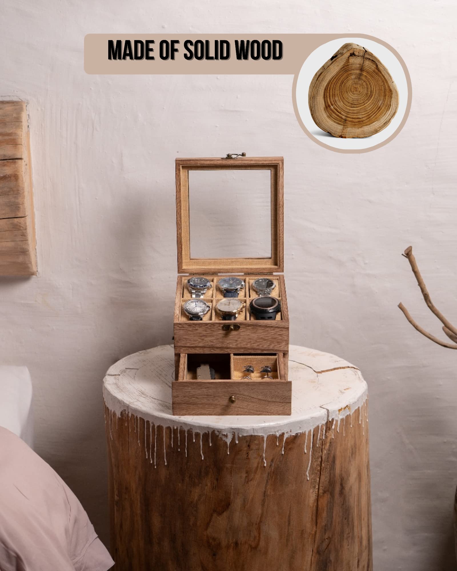 Premium Wooden Watch Box with Large Glass Lid - 2 Layers & 6 Slots Watch Display Case for Men & Women - Perfect for Watch Collection Storage, Gift Presentation & Travel Organization