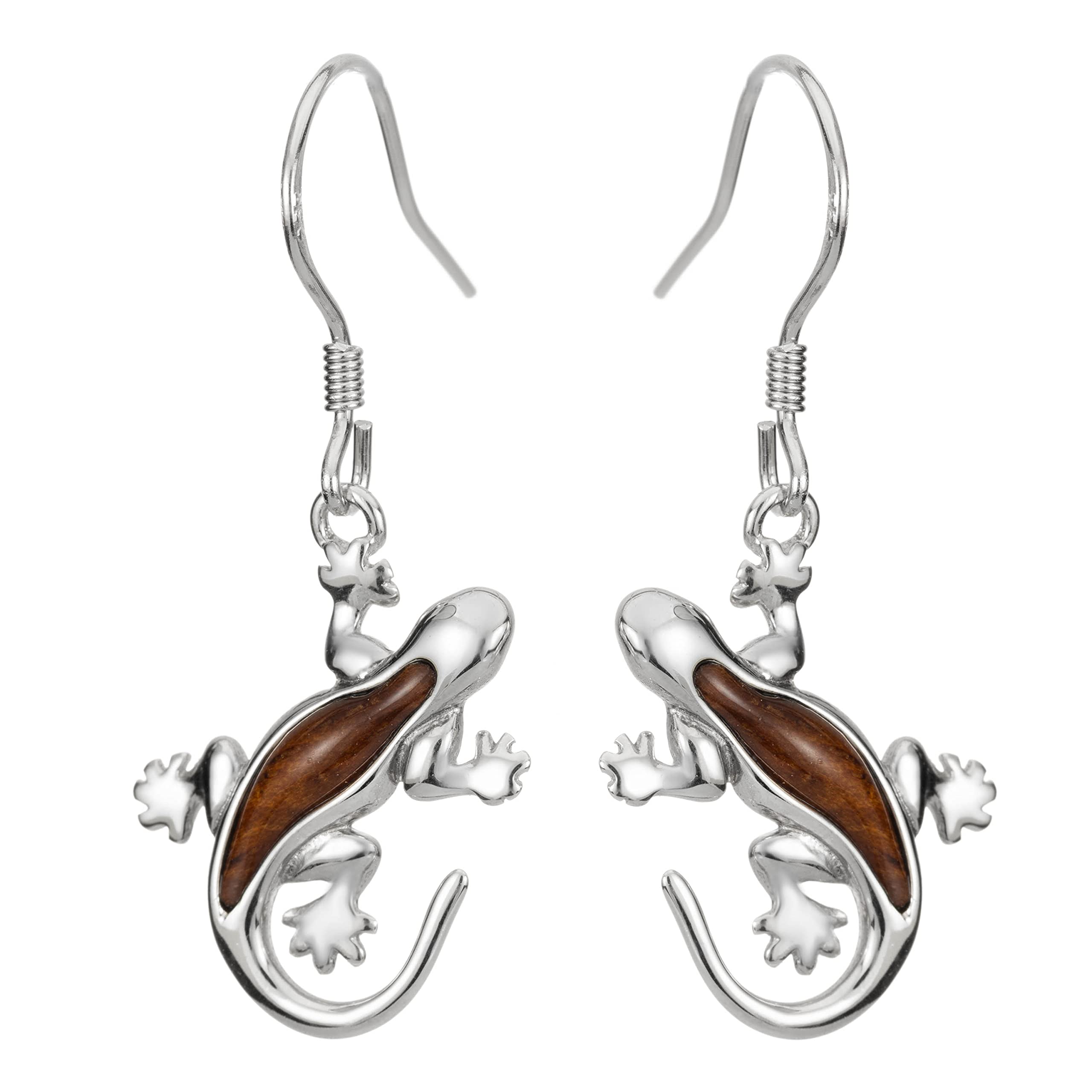 Sterling Silver Koa Wood Lizard Gecko Hook Earrings for Women - Handmade Hawaiian Style Dangle Earrings for Casual Wear, Beach Parties & Boho Fashion