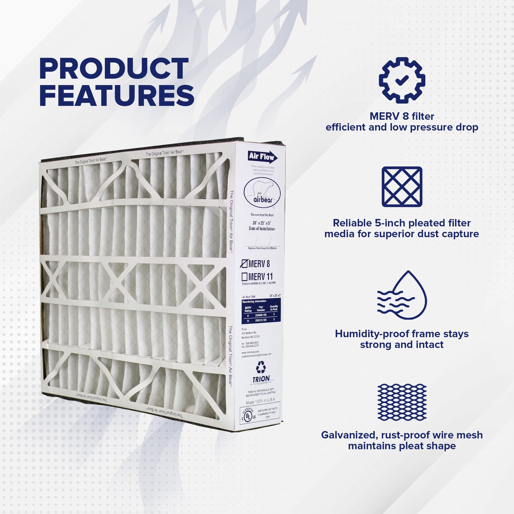Trion 255649-102 Air Bear 20x25x5 MERV 8 Air Filter Replacement (3 Pack) - Compatible with Air Bear Supreme, Right Angle & Cub Air Cleaners | High Performance HVAC Filtration for Home, Office & Commercial Use