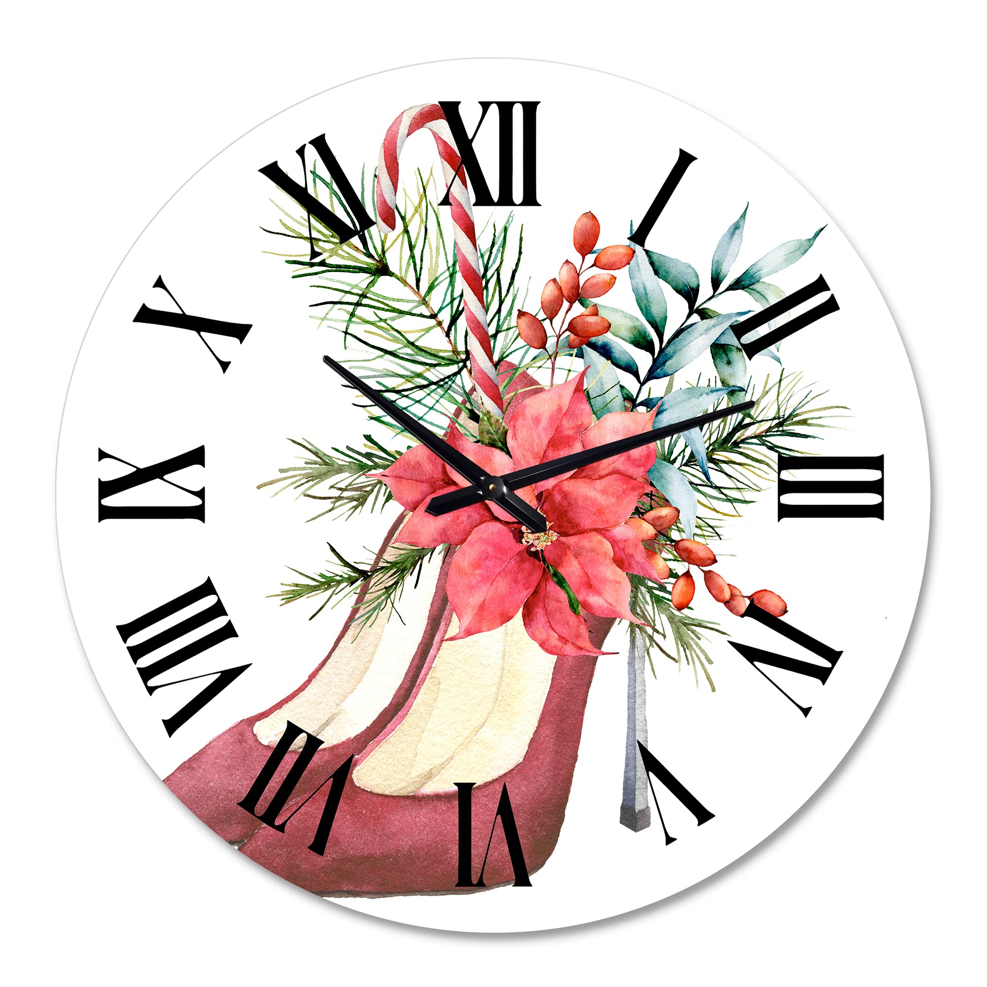 DesignQ Red Suede Heel Shoe Wall Clock with Christmas Floral Decor - Large Traditional Wall Clock for Home, Office & Living Room Decor - Perfect for Christmas Gifts, Housewarming & Interior Design