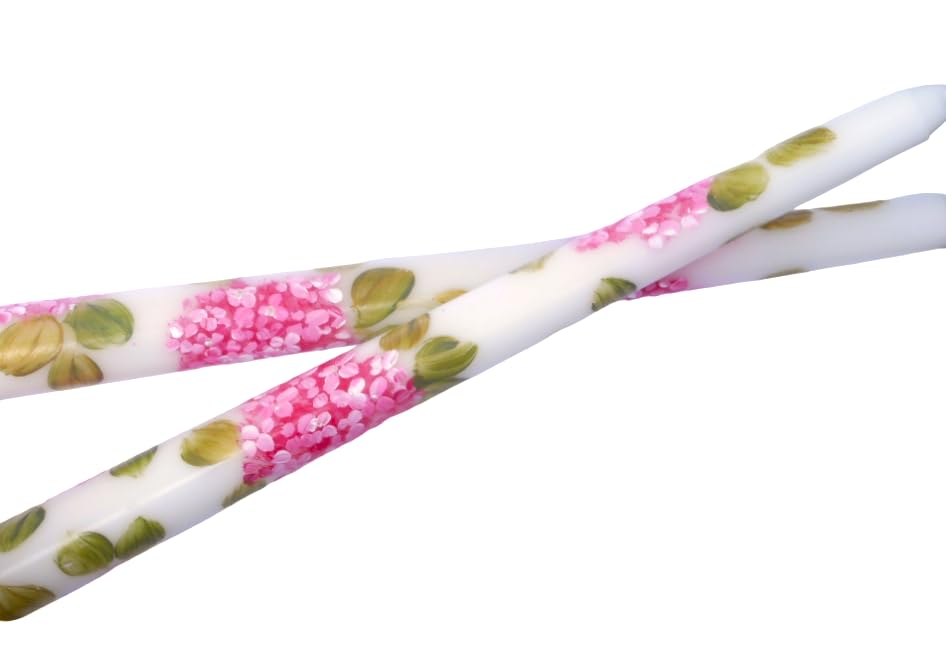 Hand Painted Pink Hydrangea Flower Taper Candles - Dripless Romantic Spring Decorations for Wedding, Dining Table, Bathroom & Home Decor - Shabby Chic Floral Accents