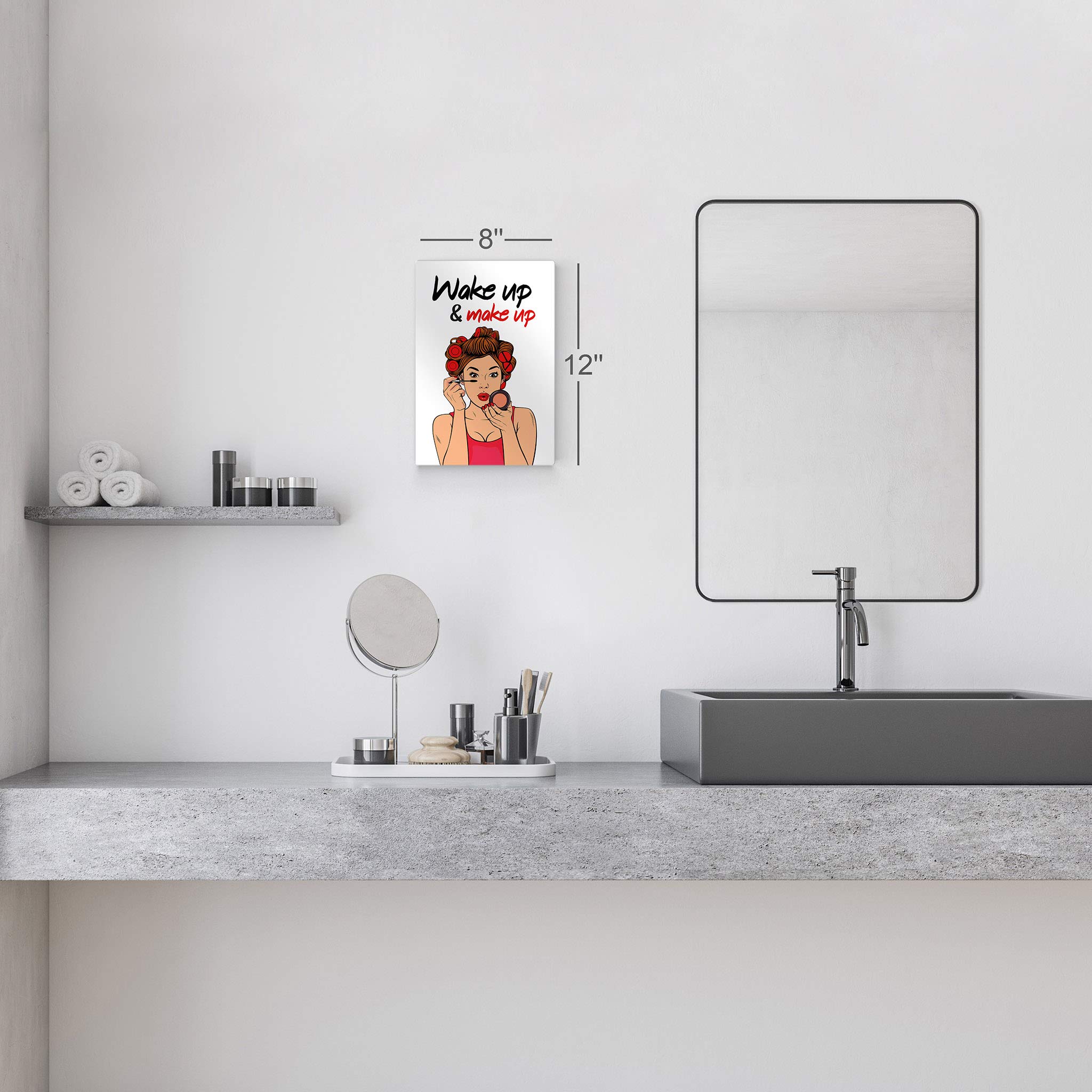 Smile Art Design Wake Up Make Up Metal Wall Art - Pretty Woman Bathroom Sign Decor (36x24 Inches) | Ready to Hang Bathroom Wall Art for Women | USA Made Home Decoration for Powder Room, Guest Bath & Vanity Area