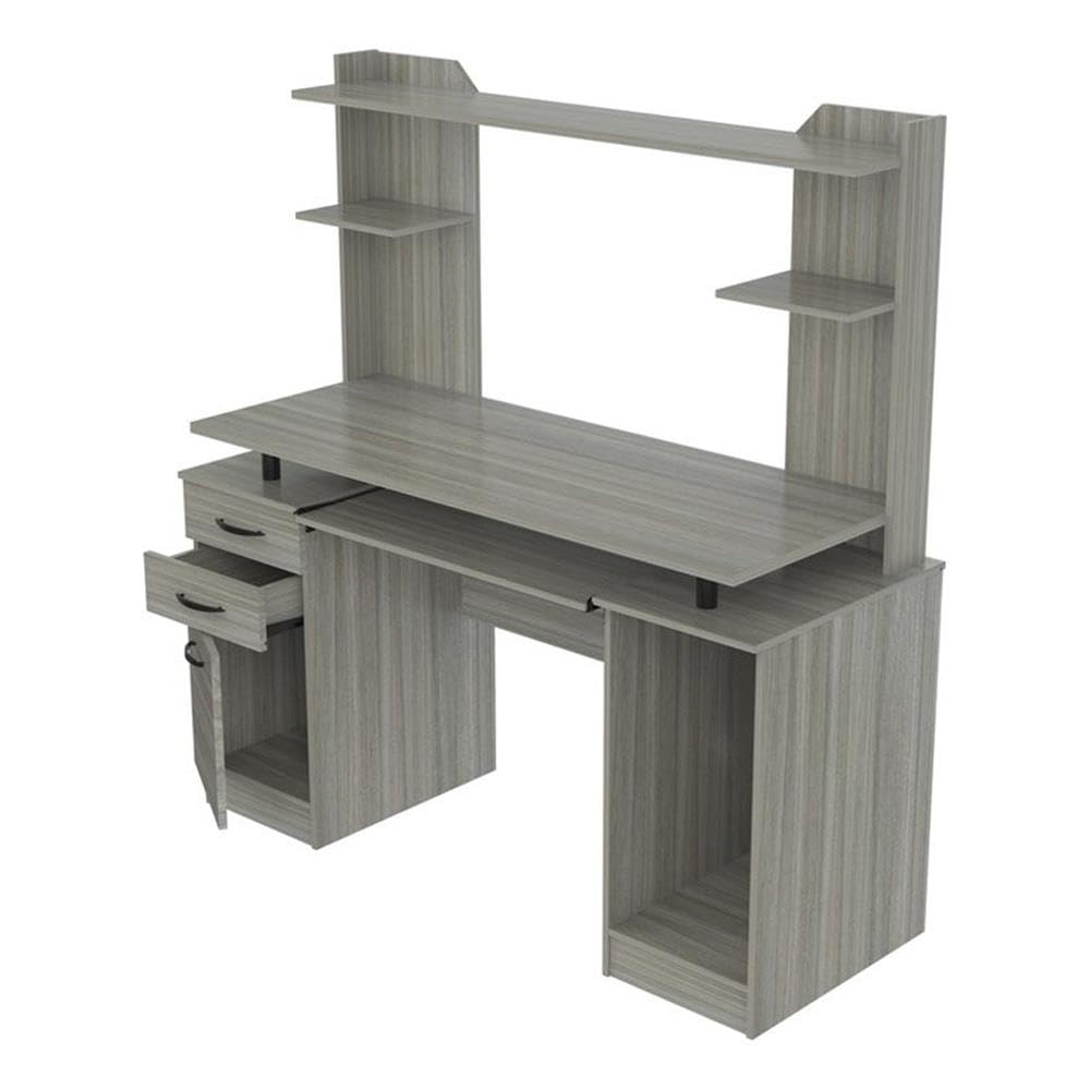 Modern Wooden Computer Desk with Hutch - Smoke Oak Finish for Home Office, Study & Workspace | Pemberly Row Contemporary Work Center