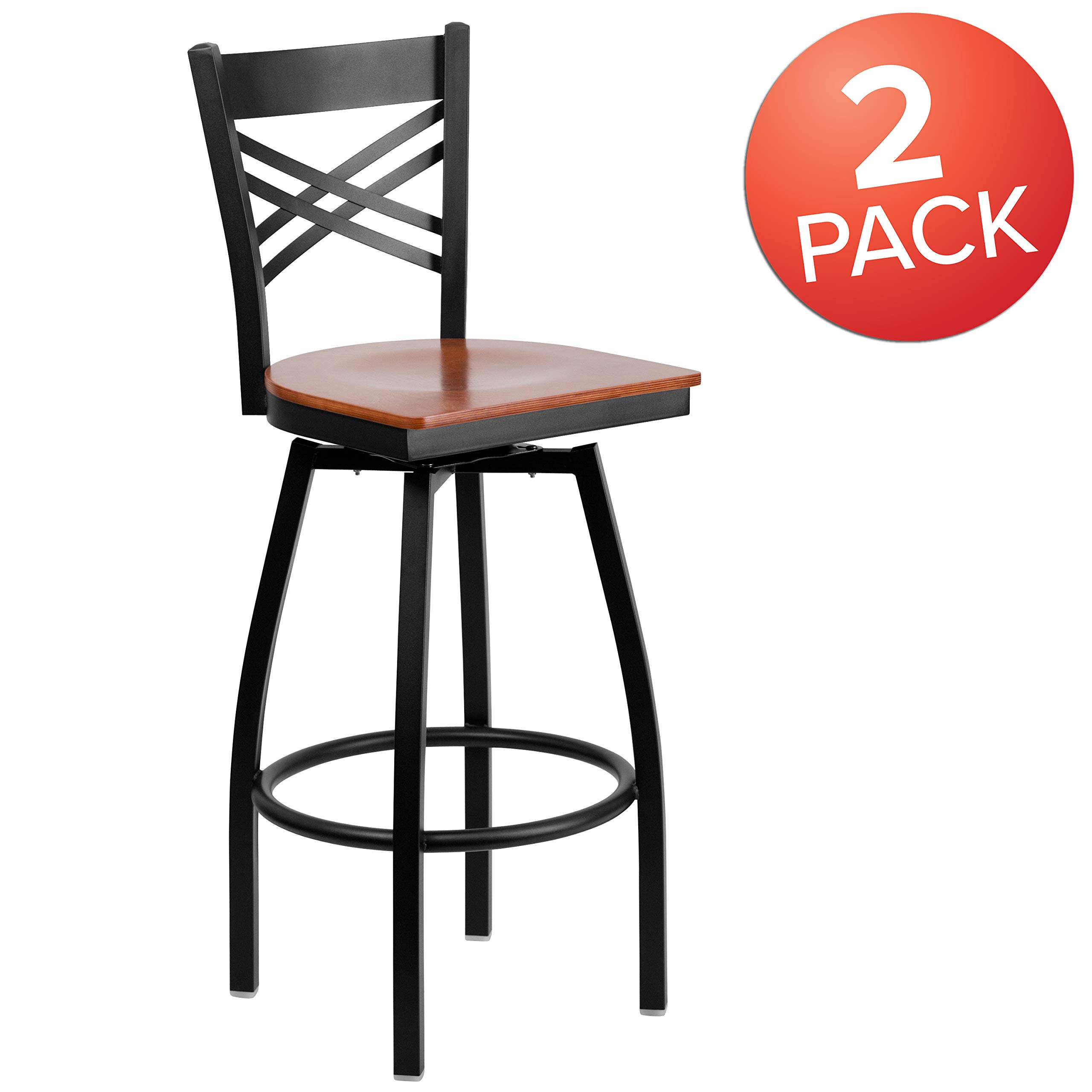 2 Pack Black X-Back Swivel Metal Barstools with Cherry Wood Seat - Modern Kitchen Island & Bar Counter Stools for Home & Restaurant Use