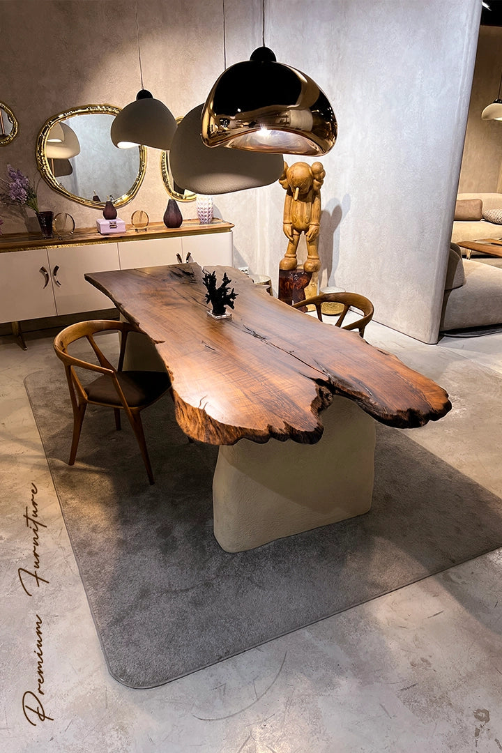 Luxury Solid Wood Walnut Dining Table with Stone-Inspired Legs - Wabi Sabi Style Modern Furniture for Living Room, Dining Room & Office
