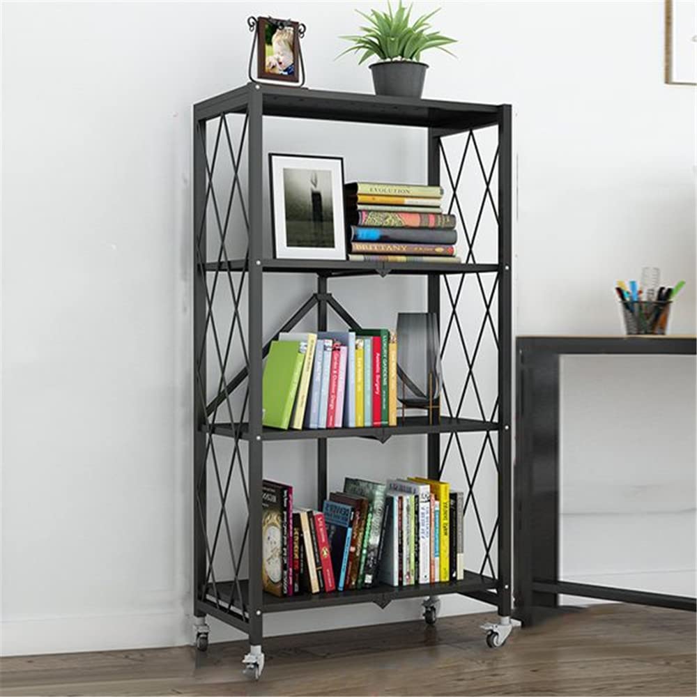 4-Tier Heavy Duty Metal Storage Shelf with Wheels - Foldable Freestanding Shelving Unit for Kitchen, Pantry, Closet, Garage & Office - Black (28