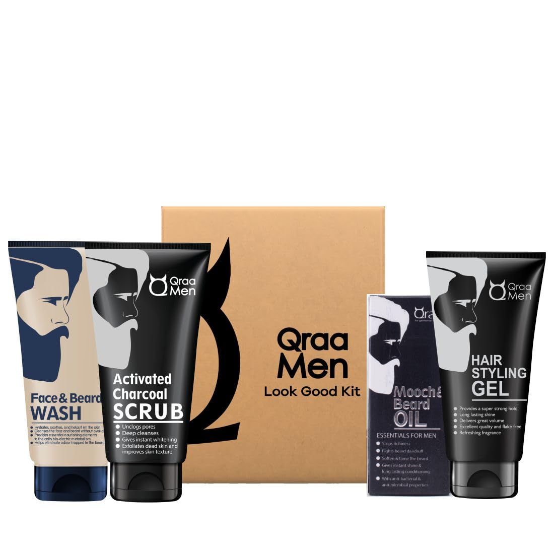 Qraa Men's Grooming Kit - 4-in-1 Premium Set (Face Wash, Styling Gel, Scrub & Beard Oil) 330g - Luxury Gift Box for Men - Perfect for Daily Skincare & Beard Care Routine