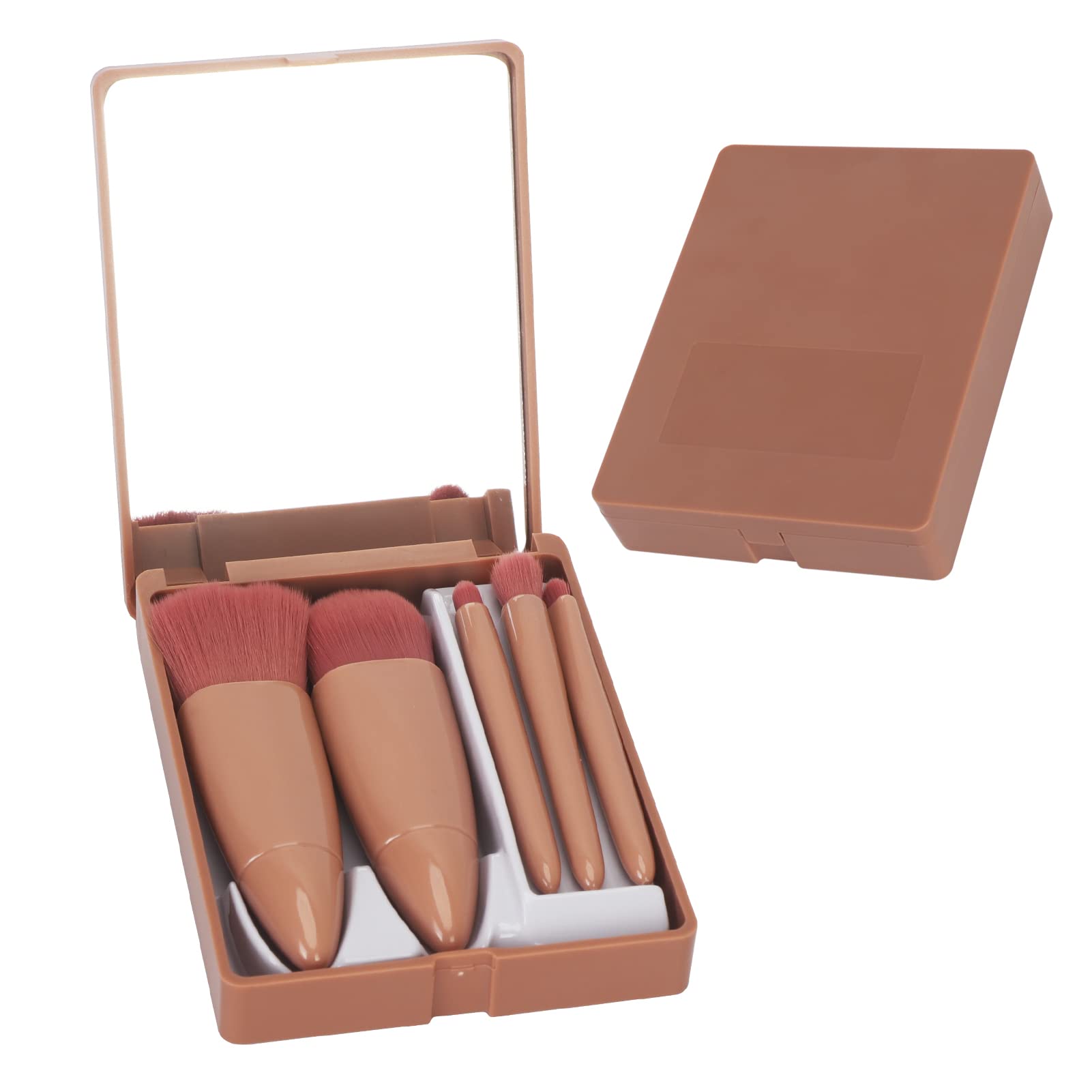 Professional 5-Piece Makeup Brush Set with Travel Case & Built-in Mirror - Portable Cosmetic Brushes for Eyeshadow, Powder, Foundation & Blush - Perfect for Travel, Daily Makeup & On-the-Go Touch Ups