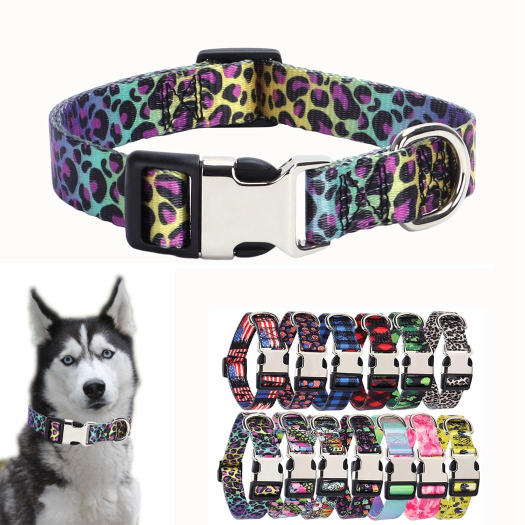 Colorful Leopard Print Dog Collar with Metal Buckle - Soft & Durable Cheetah Pattern Pet Collar for XS, S, M, L Breeds - Perfect for Small Dogs, Puppies & Female Pets - Great for Walks, Training & Fashion Accessories
