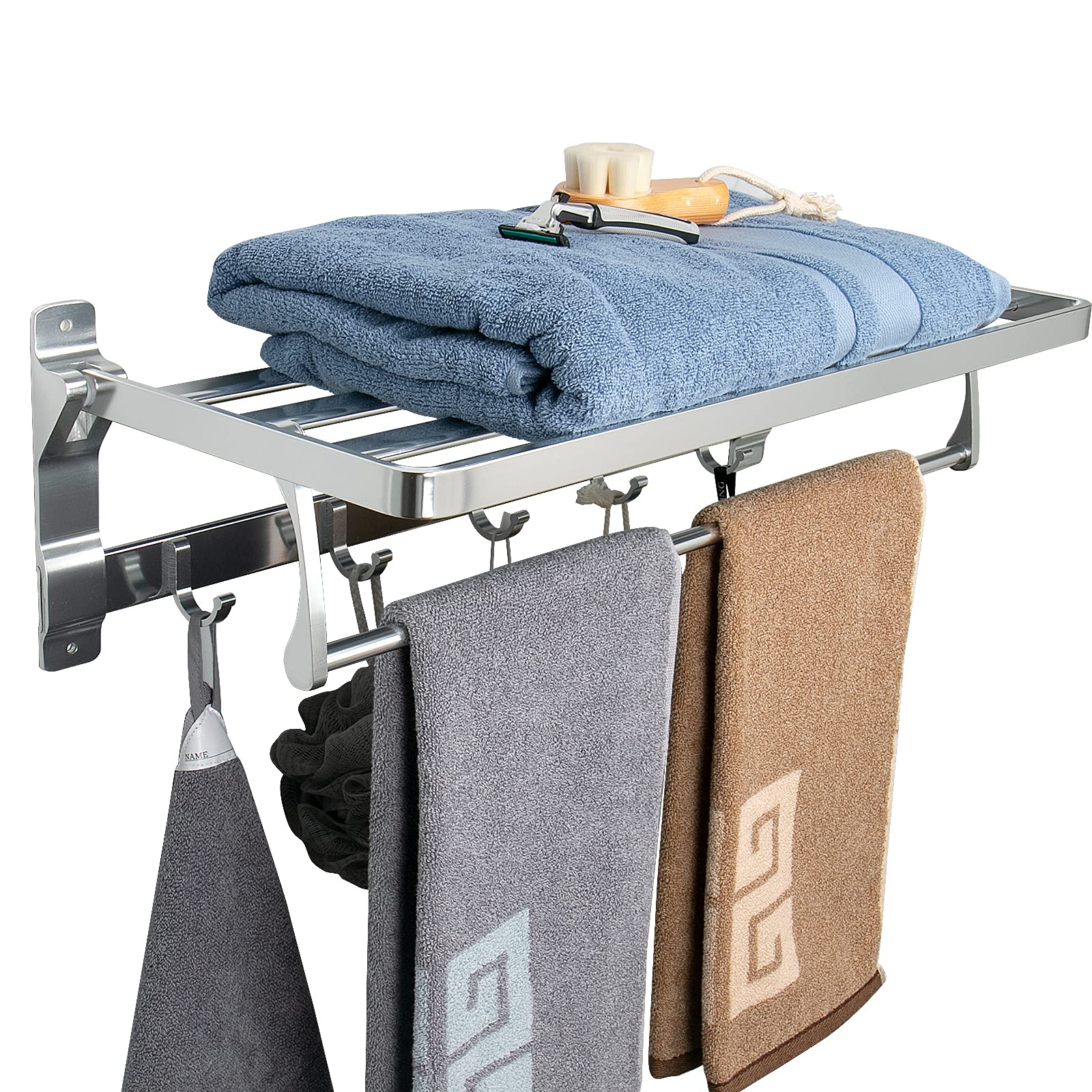 NearMoon Foldable Double Towel Rack - 23 Inch Wall Mounted Bathroom Towel Holder with 5 Hooks & Towel Bar - No Drill Installation - Thickened Space Aluminum (Chrome Finish) - Perfect for Bathroom, Kitchen, Laundry Room & Small Space Organization