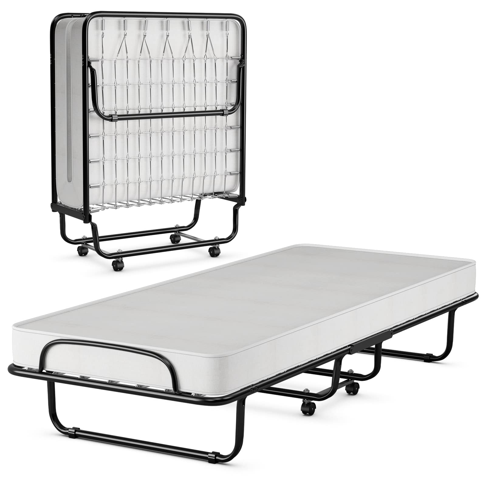 RELAX4LIFE Foldable Guest Bed with Memory Foam Mattress - Sturdy U-Shaped Metal Frame & 4 Universal Wheels | Portable Single Cot for Home, Office & Travel | Easy Storage Space-Saving Design | Made in Italy
