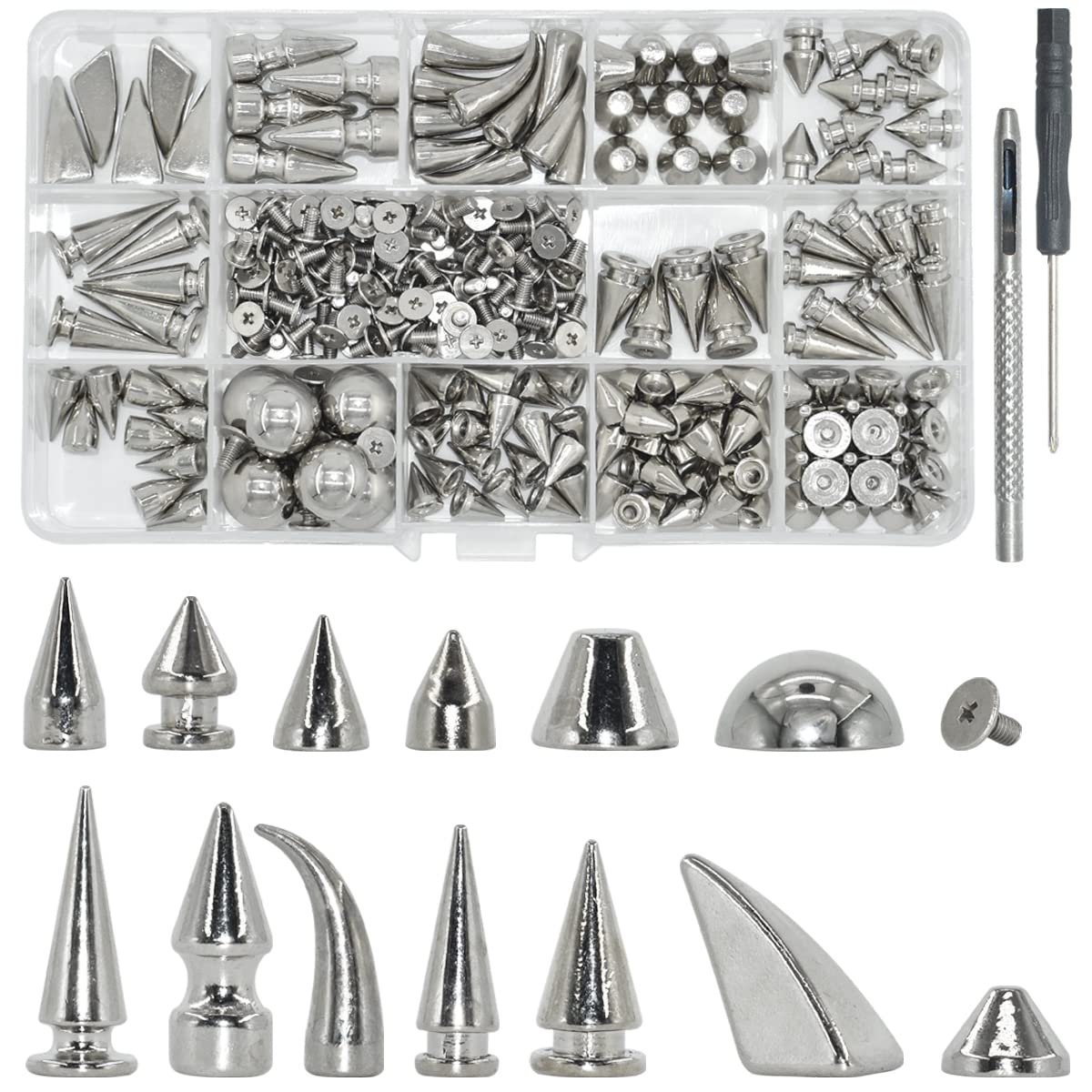 150 Sets Punk Spikes and Studs - 13 Shape Cone Spikes, Leather Rivets, Gothic Screw Back Studs with Installation Tools for DIY Jewelry, Jackets, Vests, Shoes, Boots, Belts & Bags - Perfect for Punk Fashion, Gothic Accessories & Leather Crafting (Silver)