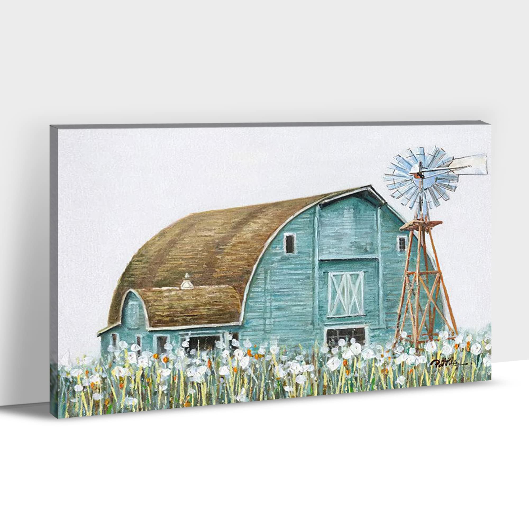 Farmhouse Wall Decor Art - Rustic Barn Windmill Canvas Print, Country Floral Wall Art for Living Room & Kitchen, Teal Farmhouse Pictures 18x24 Inches - Perfect for Home, Office & Farmhouse Style Decor