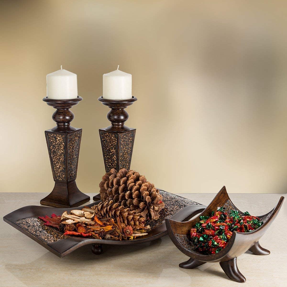Schonwerk Brown Resin Centerpiece Bowl with 3 Matching Orbs - Elegant Coffee Table Decor for Living Room & Dining Room - Home Decor Accent Piece for Mantel, Entryway, and Wedding Centerpieces - Perfect for Holiday Gatherings and Dinner Parties
