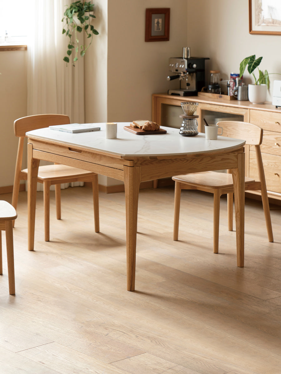 Solid Oak Round Folding Dining Table with Natural Stone Slab Top - Perfect for Small Spaces, Outdoor Dining & Home Decor
