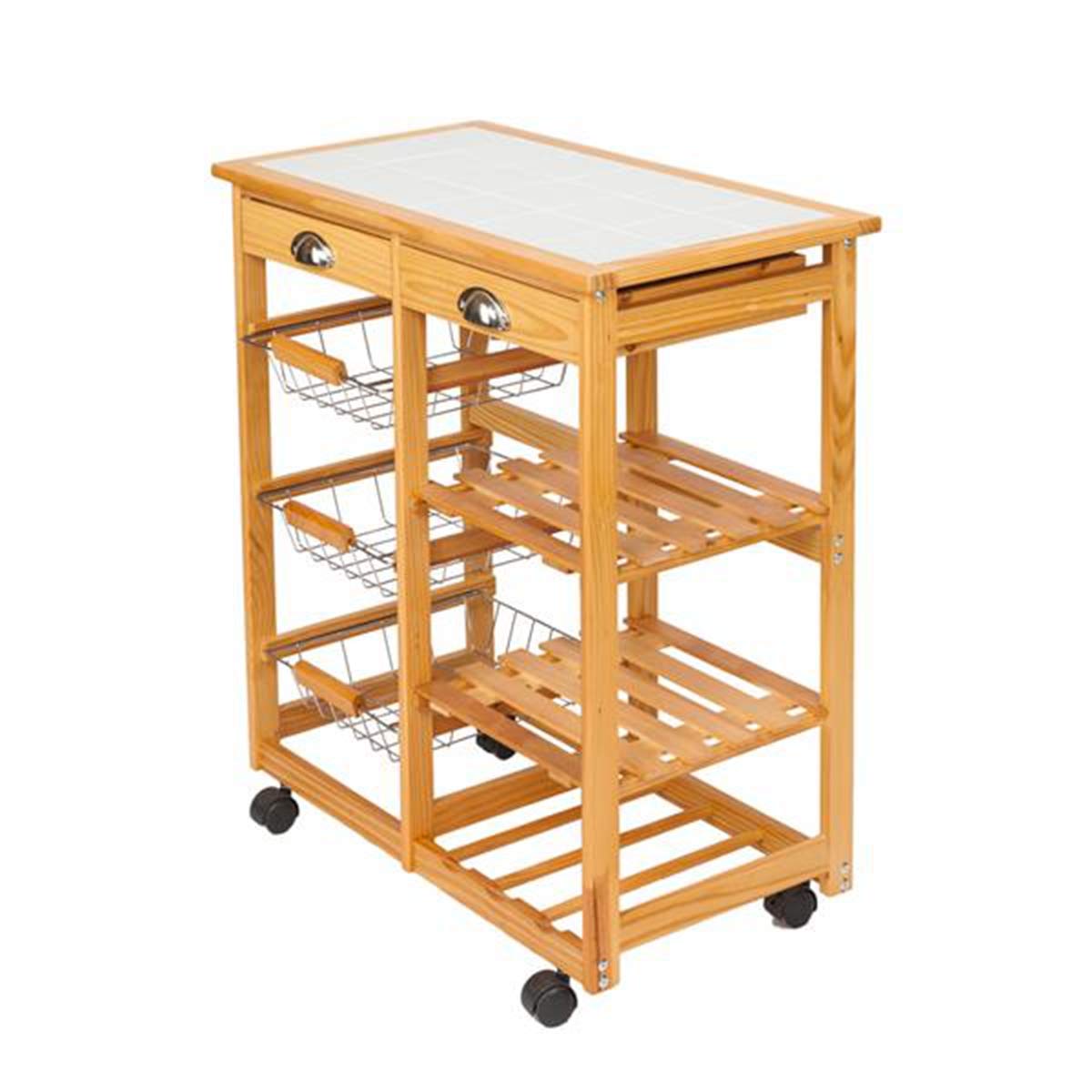 2-Drawer Rolling Kitchen Cart with Removable Storage Rack - Large Capacity Wooden Dining Room Organizer with Wheels, Drawers & Baskets - Perfect for Small Kitchens, Dining Areas & Home Storage Solutions